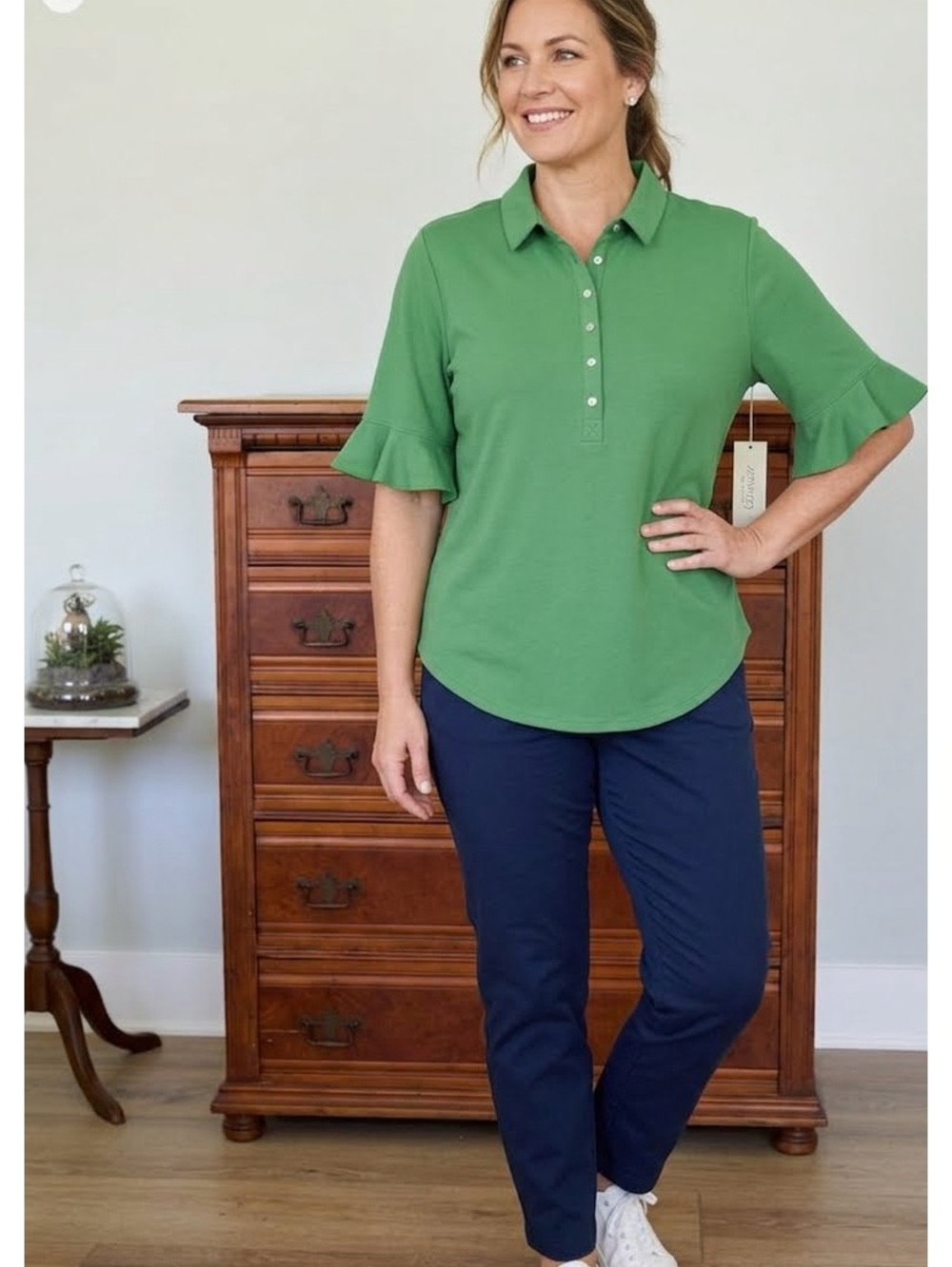 NWT Chico’s Zenergy UPF Ruffle Knit Polo Verdant Green Size 12 Sporty Casual
